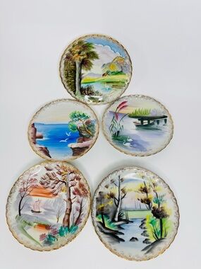 Hand-Painted Decorative Japanese Wall Plates - Set of 5 - Multicolor 6" Japan
